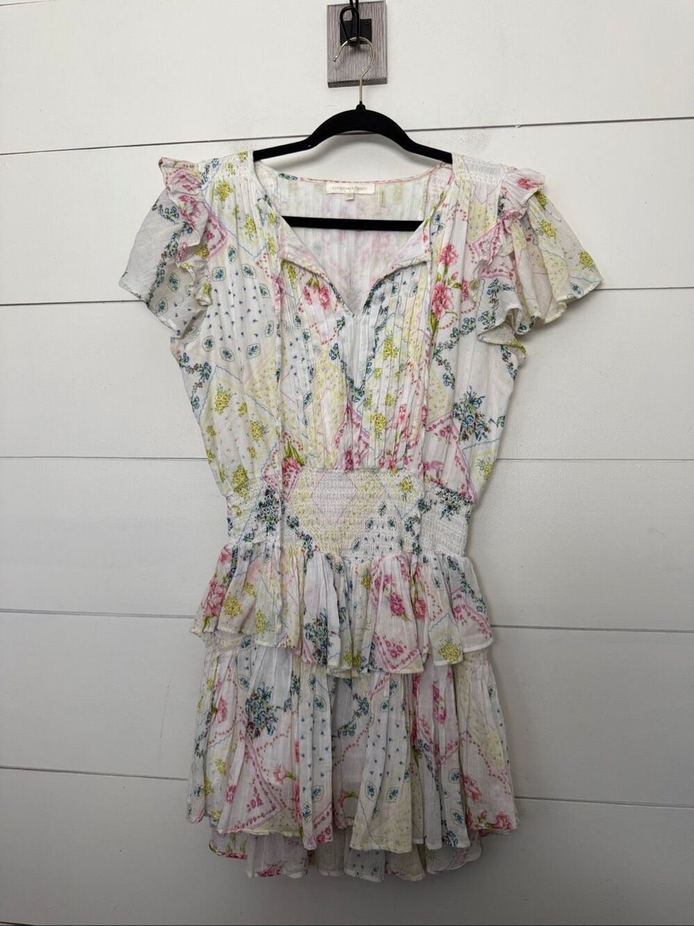 LoveShackFancy Women’s Small Audette White Multicolored Mini Tiered Ruffle Dress